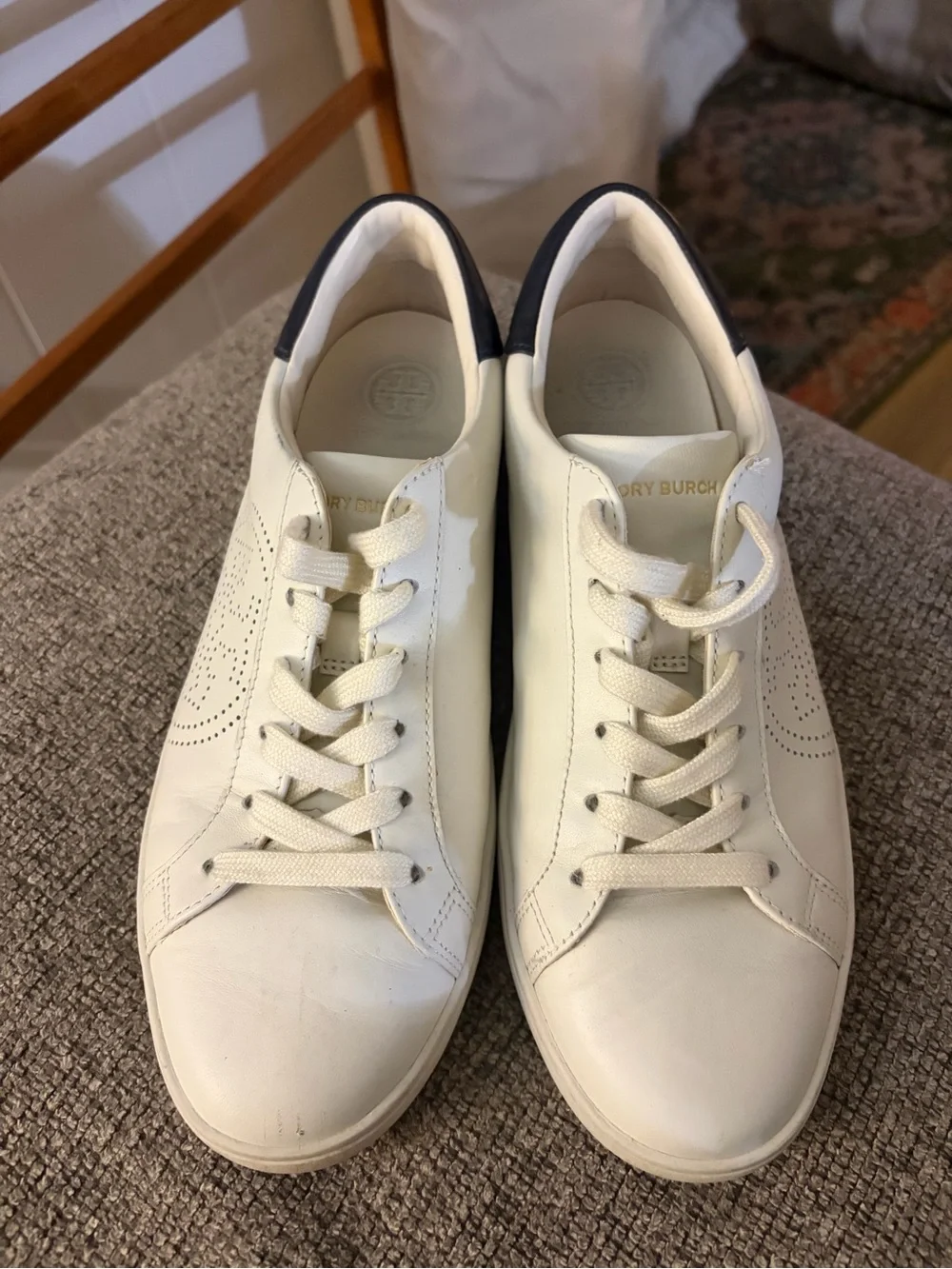 Tory Burch Cream Leather Perforated Logo Sneakers with Navy Heel